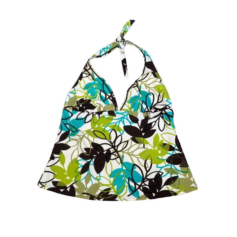 vintage y2k body i.d. ribbed tankini swim halter top retro groovy leaf print S/M